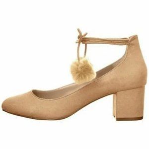 NWOB Charles David Libby Tan Microsuede Pom Pom Laceup Round Toe Pumps Heels 7.5